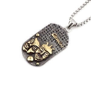 Collier avec pendentif Gémeaux en acier titane rétro avec masque doré et pierres noires