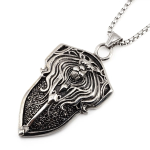 Retro Stainless Steel Lion Head Shield Pendant Necklace For Men Hip Hop Punk Style Black Rhinestone Inlaid Gothic Jewelry