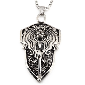 Hip hop lion head shield pendant necklace with vintage silver finish and black stones