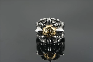 Macro view of vintage silver ring featuring a gold sphere with engraved hexagram pattern