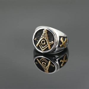 Vintage Masonic Signet Ring Titanium Steel Men Retro Punk Hip Hop Two Tone Freemasonry Compass Square G Ring Jewelry Gift