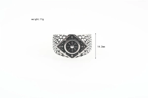 Detail view of punk style wide ring showing 14.2mm width and textured geometric patterns