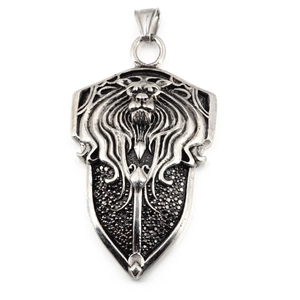 Hip hop lion head shield pendant necklace in retro silver with black micro-stones
