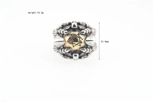 Retro punk Eye of God ring with gold star globe, 16.3g weight and 21.9mm height details
