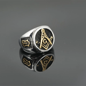 Polished silver stainless steel Masonic ring with black mesh and golden G logo