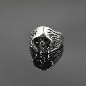 Retro Gothic Skull Ring For Men Titanium Steel Punk Reaper Hooded Ring Vintage Oxidized Silver Personalized Biker Jewelry