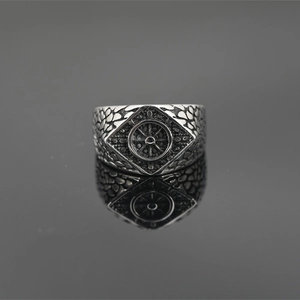 Vintage punk style ring with diamond frame rudder symbol and dragon scale texture