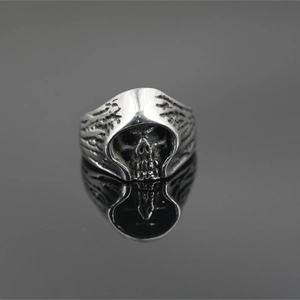 Vintage gothic skull ring for men made of durable titanium steel with a hooded design