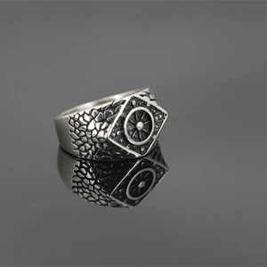 Retro punk style compass ring in oxidized silver finish with nautical embossed texture