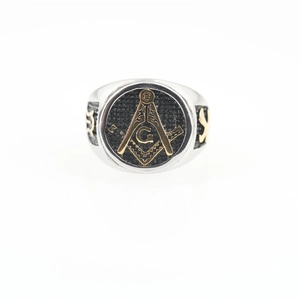 Retro punk titanium steel Masonic signet ring for men featuring golden G symbol detail