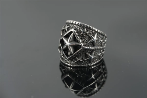 Detail of vintage punk star ring with oxidized silver finish and 3D star relief