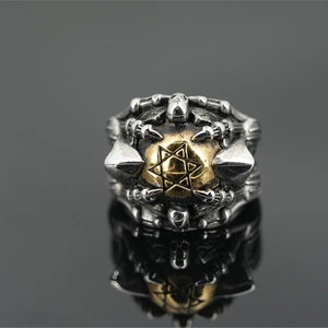 Retro gothic All-seeing Eye ring with gold hexagram and silver claws in punk style