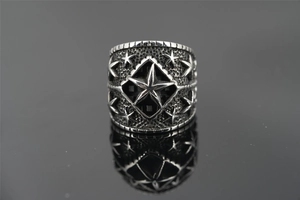 Macro shot of punk star ring featuring vintage silver finish and gear-edge detailing