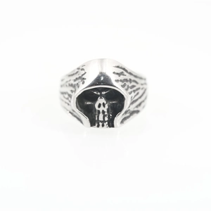 Vintage punk skull ring in silver titanium steel with gothic hooded skeleton design
