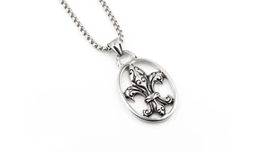 Close-up of vintage titanium steel necklace featuring an oval Fleur-de-lis pendant on box chain