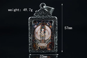 Detailed view of Buddha pendant showing 57mm height, 33mm width, and ornate cloud frame