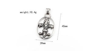 Retro stainless steel fleur-de-lis pendant with measurements 45mm by 39mm and weight info