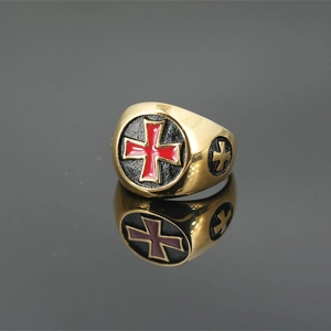 Vintage Punk Titanstahl Siegelring Für Herren Gold Vergoldet Rotes Kreuz Ritter Religiöser Templer Fingerring Schmuck Geschenk