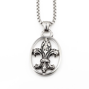 Vintage silver fleur-de-lis pendant on stainless steel box chain for men and women