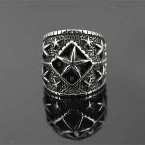 Vintage punk five-star titanium steel ring with industrial retro silver finish and texture