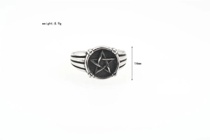 Macro shot showing 14mm pentagram ring face and 8.9g weight specs on steel band