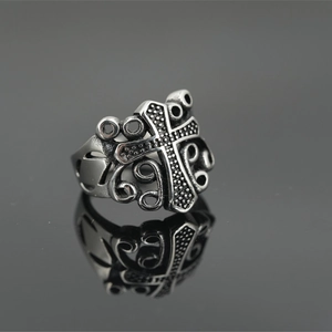 Vintage gothic titanium steel cross ring for men with antique silver finish and scroll texture