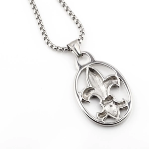 Vintage stainless steel Fleur-de-lis pendant necklace with box chain on white background