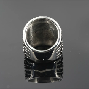 Punk style vintage silver titanium steel ring with engraved pentagram star design