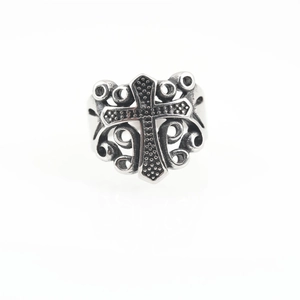 Vintage gothic cross ring in distressed stainless steel with intricate floral patterns