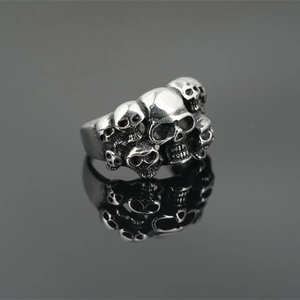 Punk style skull head titanium steel ring with vintage oxidized finish and gothic cluster design