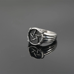 Vintage titanium steel pentagram star ring with retro punk hip-hop engraved design