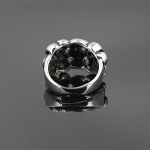 Retro punk skull ring in silver titanium steel with gothic bone relief texture for men
