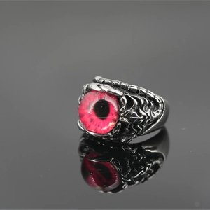 Gothic punk snake scale ring in vintage titanium steel with a red devil eye stone