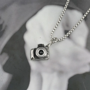 Retro mini camera pendant necklace in silver stainless steel on a vintage box chain