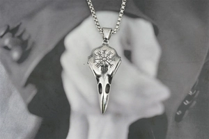 Détail du pendentif crâne de corbeau Viking nordique avec gravure Vegvisir en acier inoxydable