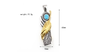 Detailed silver and gold feather pendant with turquoise inlay showing 65mm size