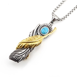 Retro Punk Titanium Steel Turquoise Feather Pendant Necklace Indian Style Two-Tone Angel Wings Jewelry For Unisex