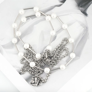 Men's titanium steel necklace with pearls, heavy chain, and Paris square pendant