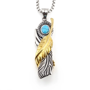 Retro punk turquoise and triple feather pendant necklace with vintage silver finish
