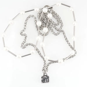 Men's titanium steel pearl splice necklace with vintage engraved Paris square pendant
