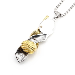 Vintage punk turquoise feather pendant necklace with silver and gold metallic textures