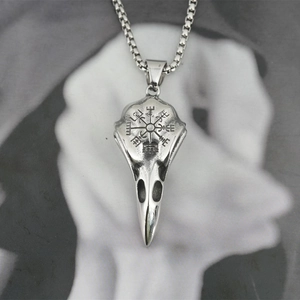 Collier Crâne de Corbeau Viking en Acier Inoxydable Boussole Vegvisir Pendentif Gothique Punk Bijoux Pour Hommes Femmes