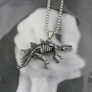 Retro hip hop dinosaur skeleton necklace with vintage silver stegosaurus fossil pendant