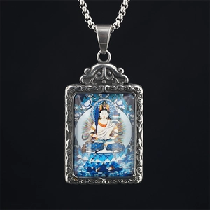 Buddha Pendant Necklace Titanium Steel Thangka Twelve Zodiac Guardian For Men Women Religious Vintage Ethnic Jewelry Gift
