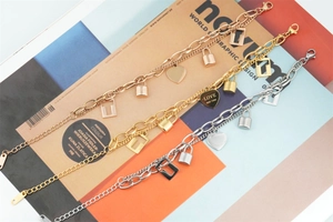 Three-color double layer heart and lock charm bracelets in gold rose gold and silver