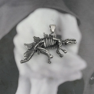 Vintage silver stegosaurus skeleton pendant in durable titanium steel with retro finish