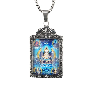 Vintage Thangka Buddha pendant necklace in silver stainless steel with etched borders