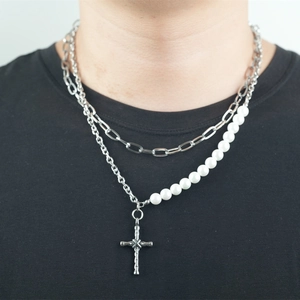 Collana Con Ciondolo A Croce In Acciaio Al Titanio Vintage Con Perla Artificial Sintetica Cuciture Asimmetriche Doppio Strato Gioielli