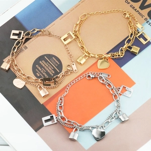 Double Layer Titanium Steel Heart Lock Charm Bracelet For Women Gold Rose Gold Silver Polished Fashion Hand Jewelry Gift