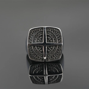 Gothic punk signet ring for men in titanium steel with vintage tribal engraving